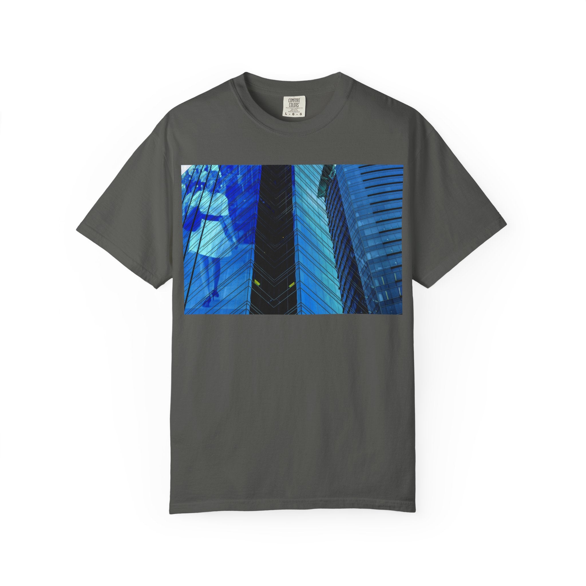 I Think of Her Often By Kevin Quinn -Abstract Urban Architecture Blue Skyscraper with Girl T-Shirt