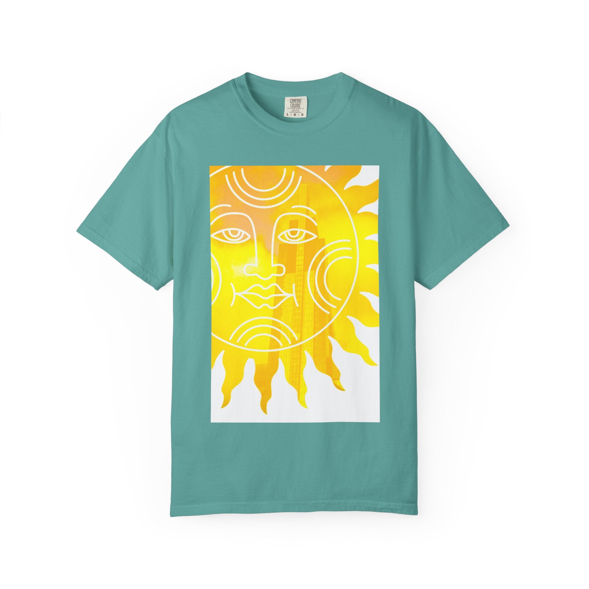 Silky The Sun Kid By Kevin Quinn-Modern Urban Sunface Graphic T-Shirt — Yellow Sun Artwork with QR Code Back