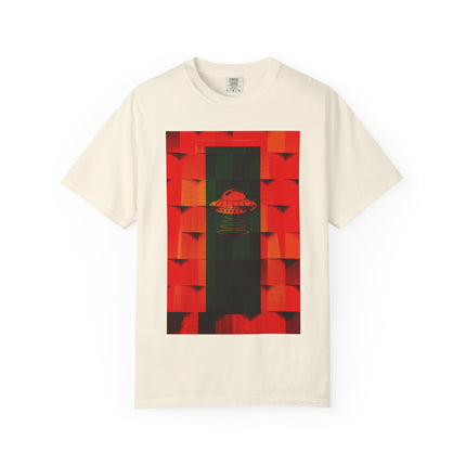 Hotel New Mexico By Kevin Quinn-Modern Abstract Architecture UFO QR Tee — Red Graphic T-Shirt with QR Code Back