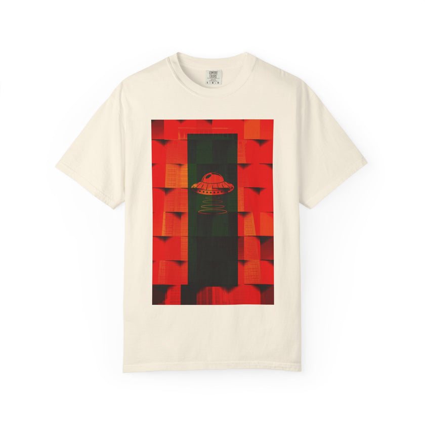 Hotel New Mexico By Kevin Quinn-Modern Abstract Architecture UFO QR Tee — Red Graphic T-Shirt with QR Code Back