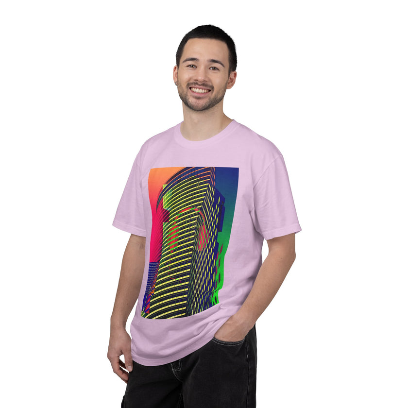 New York Beats By Kevin Quinn -Modern Abstract Architecture Neon Cityscape T-Shirt — Retro Vaporwave Building Print